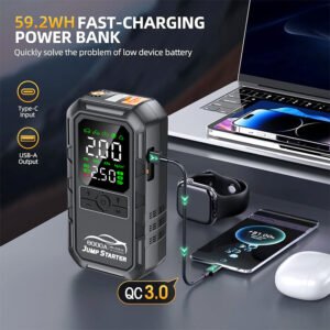 Jump Starter Power Bank 59.2Wh — Chargeur Rapide QC 3.0 + Démarreur Auto Portable